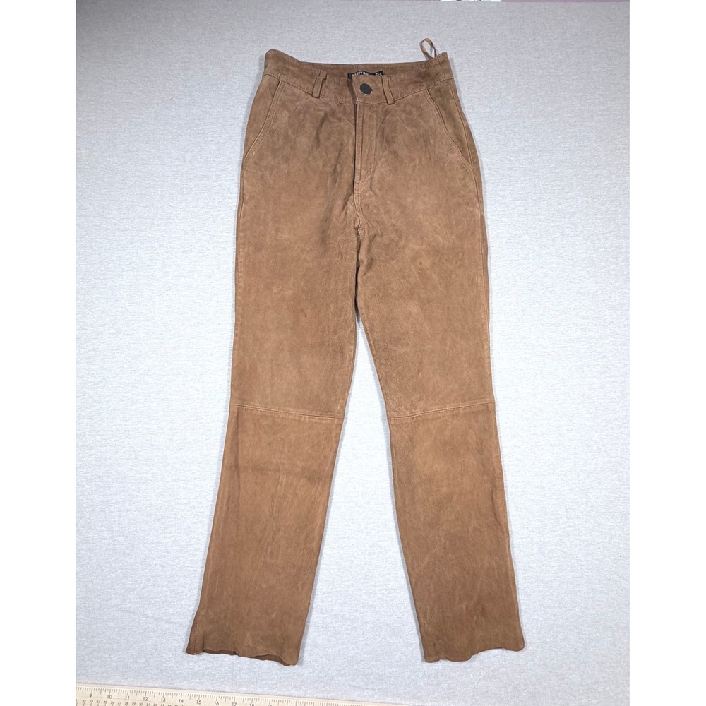Tan Brown 100% Real Goat Suede Leather Pants US 2 Boho Straight/Taper Tan/Camel